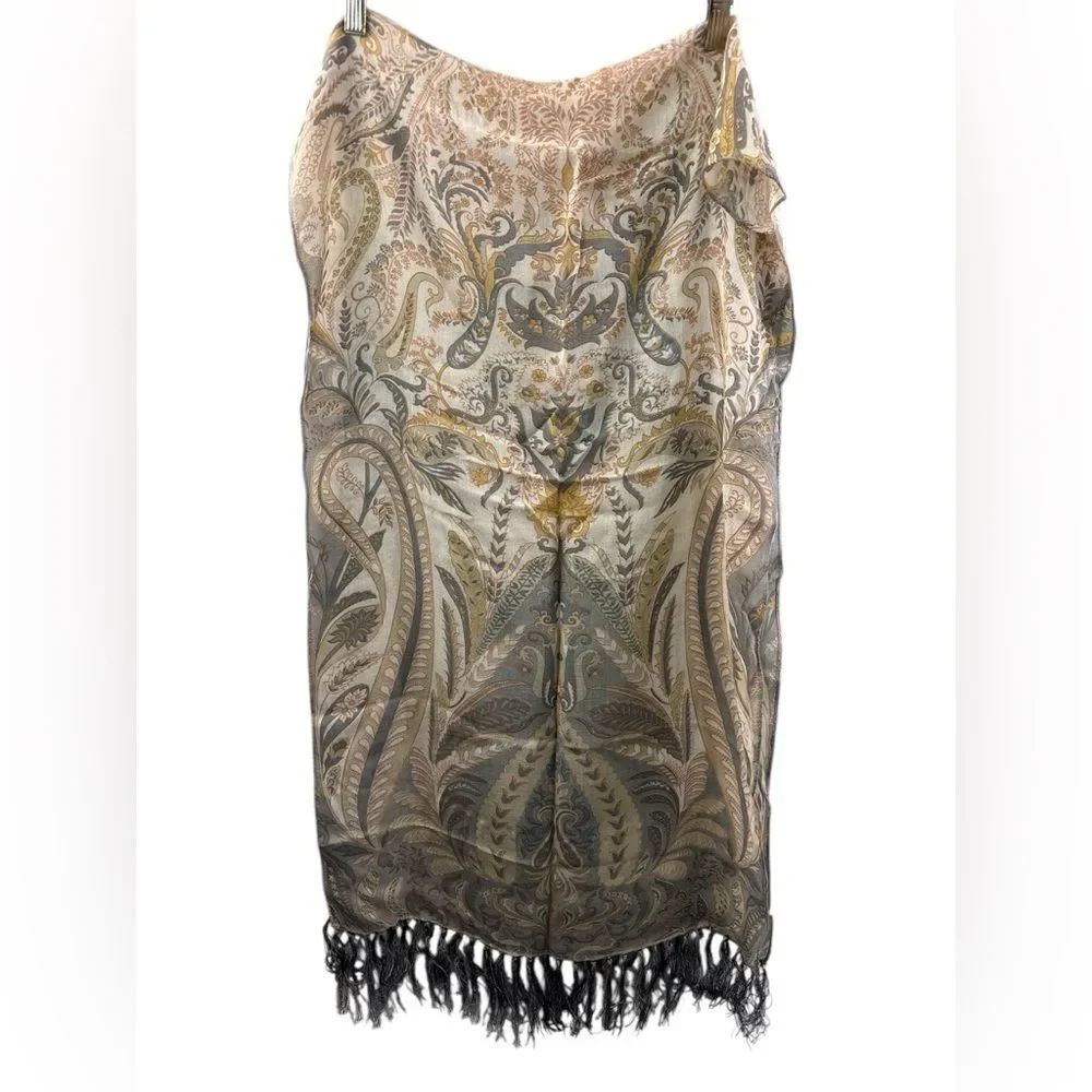 Chico’s Gray Beige Paisley Print Scarf Fringe, Viscose 19”x  66” career Staple